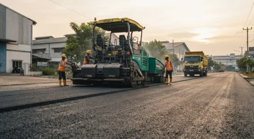 Jasa pengaspalan Bekasi dengan asphalt paver pada jalan gudang
