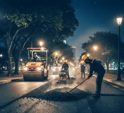 Pengerjaan Pengaspalan Malam Hari