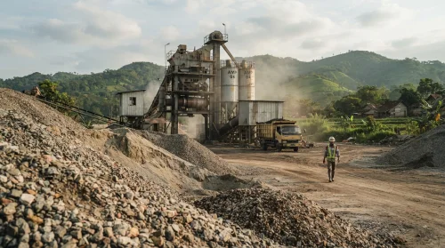 Pabrik aspal Purwakarta dengan area penyimpanan agregat dan AMP untuk produksi aspal hotmix