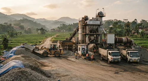 Tampilan samping pabrik aspal Sumedang dengan AMP dan area material